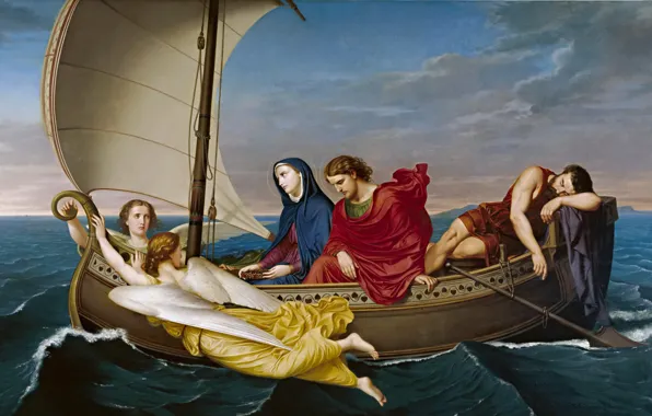Картинка море, лодка, картина, жанровая, мифология, Херман Аморес Эрнандес, Путешествие Богородицы и Святого Иоанна в Эфесе