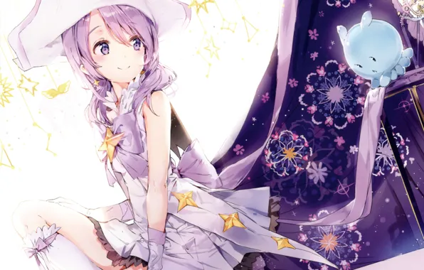 Звезды, узор, шляпа, существо, бант, art, Houkago no Pleiades, Внеклассные плеяды