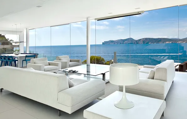Вилла, интерьер, Испания, вид на море, гостиная, столовая, Mallorca, Gold Villa
