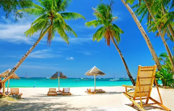 Картинка песок, море, пляж, пальмы, отдых, зонтики