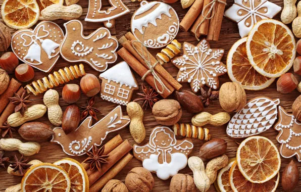 Картинка Новый Год, печенье, Рождество, сладости, орехи, корица, Christmas, цитрусы
