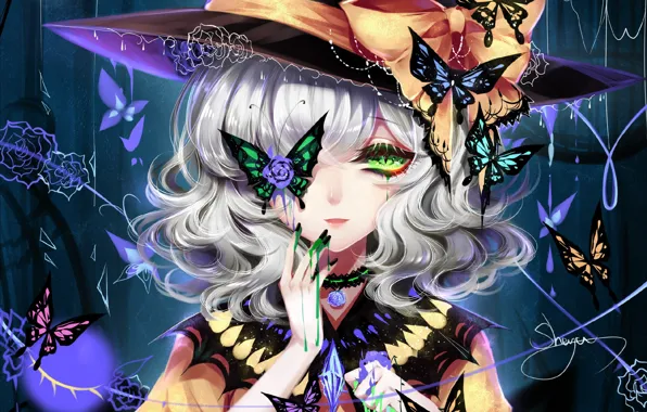 Взгляд, девушка, бабочки, шляпа, арт, Touhou, Тохо, Тоухоу