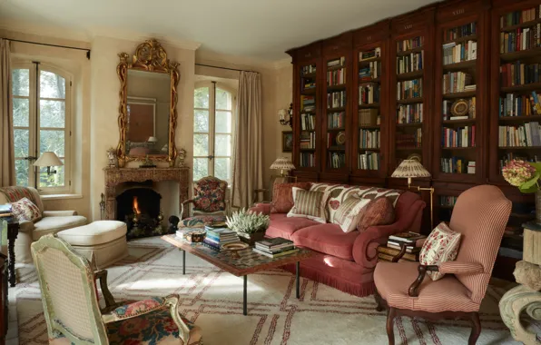 Стиль, интерьер, камин, библиотека, гостиная, Williams home