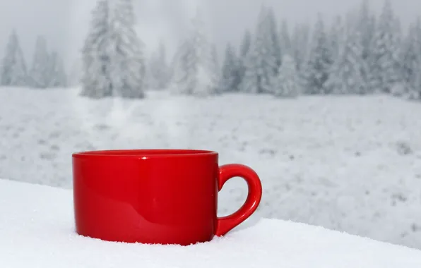 Картинка зима, снег, пейзаж, природа, кофе, чашки