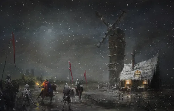 Картинка снег, ночь, арт, мельница, факел, хижина, поход, рыцари