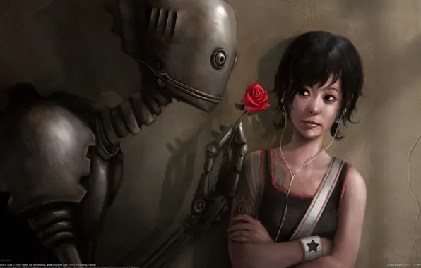 Картинка цветок, девушка, роза, робот, тату, плеер, влюбленный, rudy faber