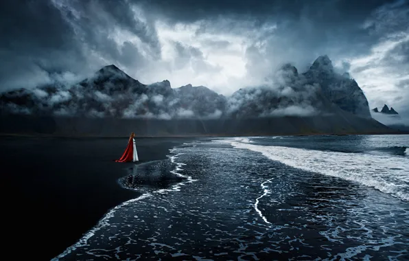 Море, девушка, облака, пейзаж, горы, природа, поза, берег