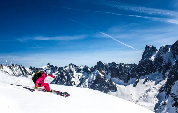 Картинка зима, небо, облака, снег, горы, лыжи, лыжник, экстремальный спорт