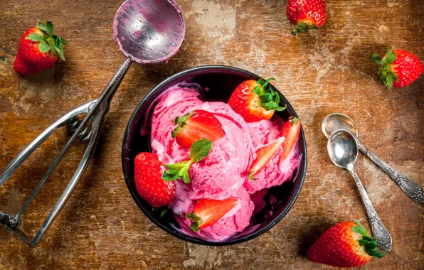 Картинка ягоды, клубника, мороженое, мята, десерт, strawberry, ice cream