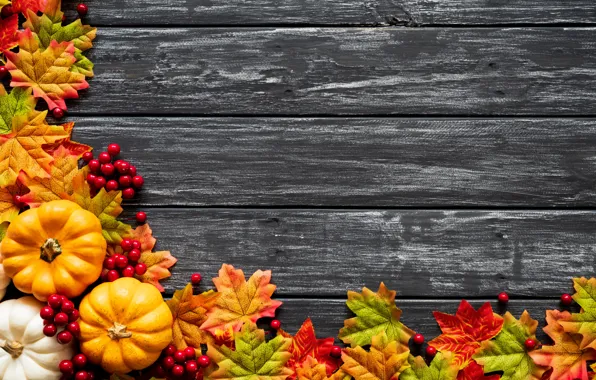 Осень, листья, фон, доски, colorful, тыква, клен, wood