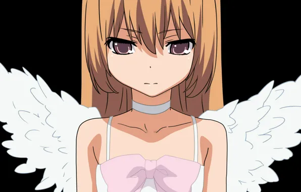 Картинка крылья, черный фон, бант, Aisaka Taiga, большие глаза, Toradora