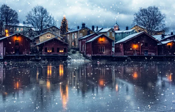 Снег, дома, ёлка, Finland, Winter magic, Porvoo