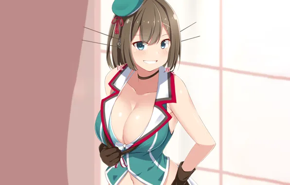 Girl, sexy, cleavage, blouse, brown hair, boobs, anime, blue eyes