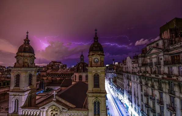 Гроза, небо, ночь, тучи, город, молния, архитектура, Аргентина