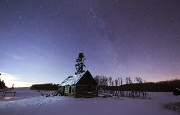Картинка зима, небо, звезды, домик