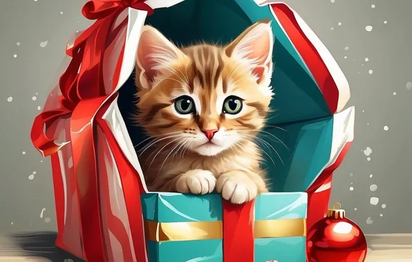 Кошка, взгляд, поза, котенок, подарок, рыжий, Рождество, милый
