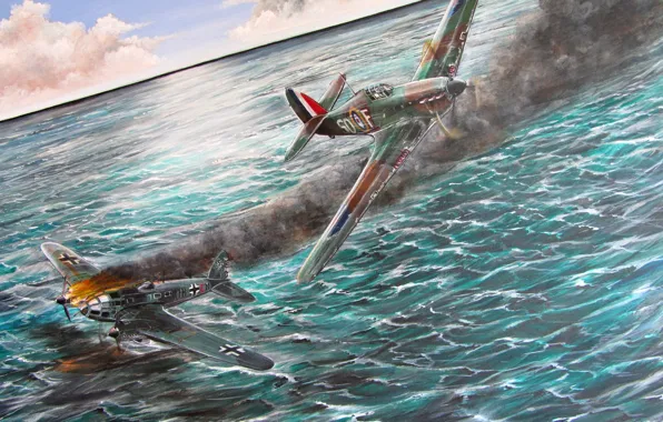 Картинка море, огонь, пламя, рисунок, истребитель, бомбардировщик, самолёты, британский