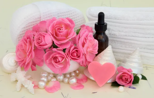 Картинка цветы, мыло, ракушки, soap, pink, flowers, bath, hearts