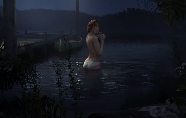 Лес, вода, девушка, ночь, озеро, страх, лодка, игра