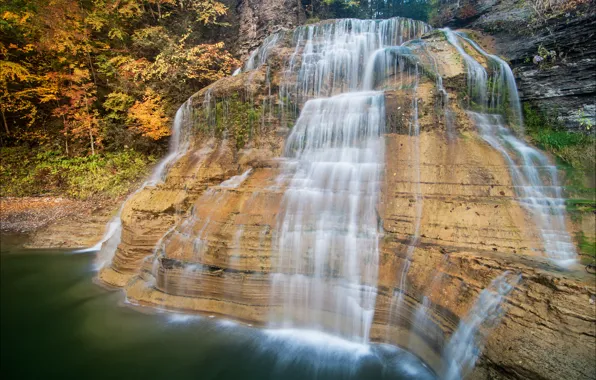 Картинка осень, лес, скалы, водопад