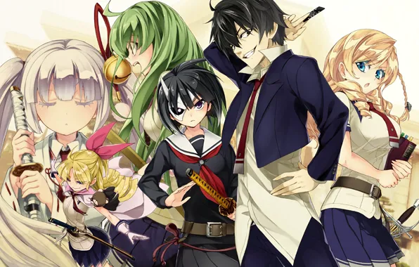 Girl, sword, anime, katana, ken, blade, mask, seifuku