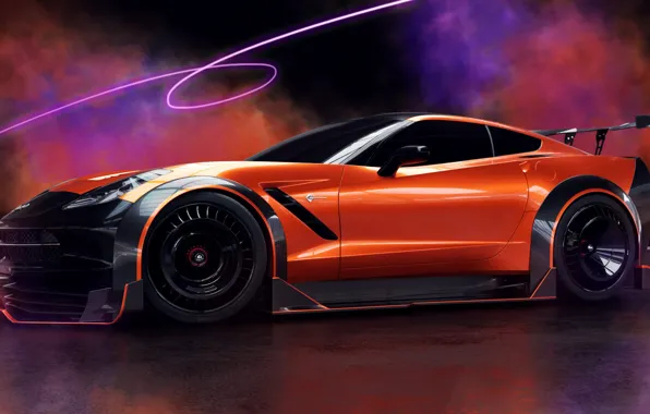 Авто, Corvette, Машина, Оранжевый, Рендеринг, Stingray, Corvette Stingray, Спорткар