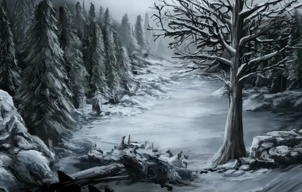 Картинка холод, зима, лес, снег, природа, камни, дерево, арт