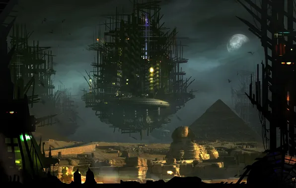 Картинка город, будущее, луна, Пирамида, сфинкс