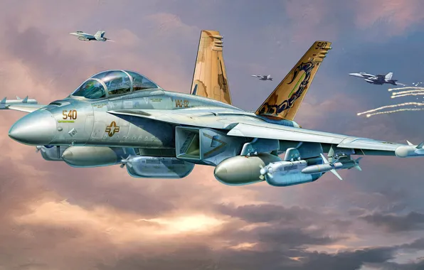 Рисунок, арт, Boeing, Growler, EA-18, РЭБ, палубный самолёт радиоэлектронной борьбы ВМС США