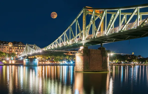 Мост, огни, река, луна, здания, дома, Германия, ночной город