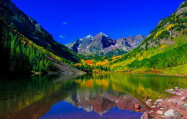Горы, озеро, отражение, вершины, Колорадо, Colorado, Скалистые горы, Maroon Lake