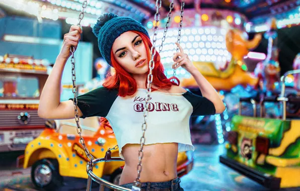 Photography, model, women, redhead, belly, Delaia Gonzalez, beanie, looking at viewer