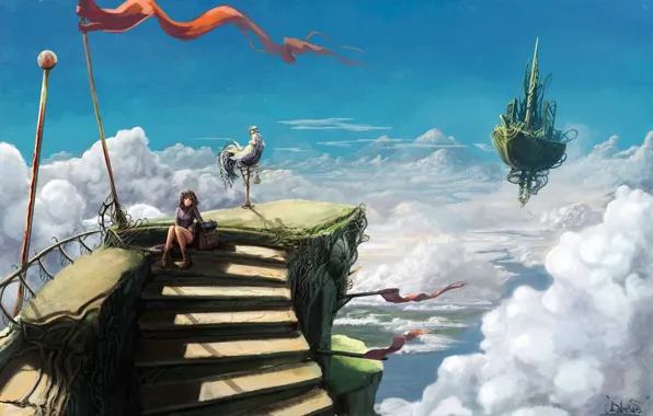 Картинка небо, девушка, облака, птица, корабль, высота, арт, лестница