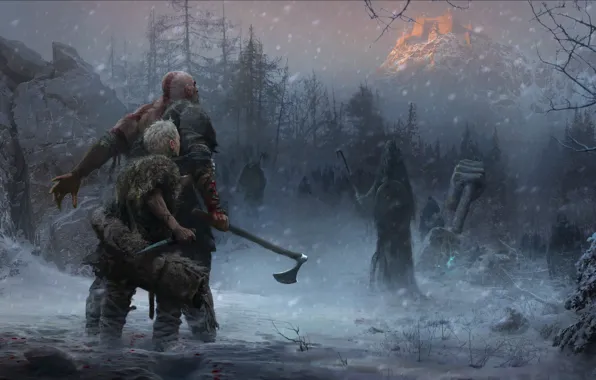 Картинка axe, game, Sony, Kratos, God of War, snow, knife, Loki