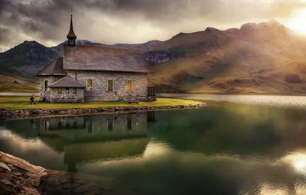 Горы, озеро, храм, Kapelle Melchsee