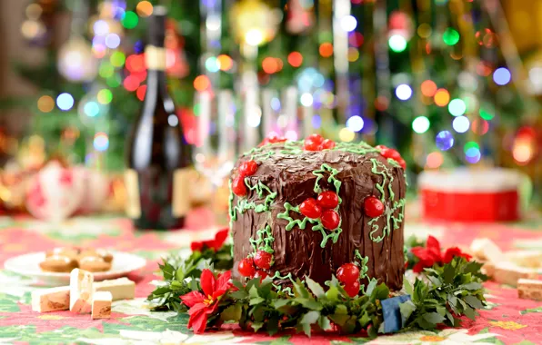 Картинка зима, огни, стол, еда, шоколад, Новый Год, Рождество, торт