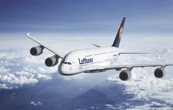 Небо, Облака, Самолет, Лайнер, Высота, A380, Lufthansa, Пассажирский