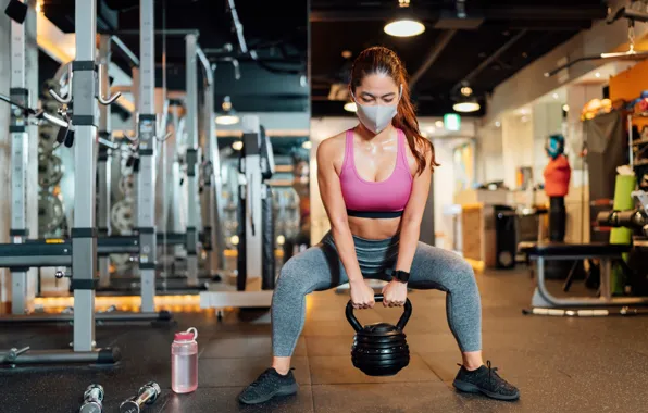 Поза, фигура, фитнес, в маске, гиря, pose, воркаут, workout
