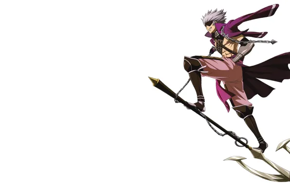 Улыбка, оружие, воин, цепь, белый фон, парень, Sengoku Basara, Эпоха Смут