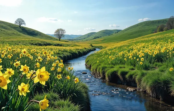 Цветы, горы, весна, colorful, луг, blossom, flowers, mountains