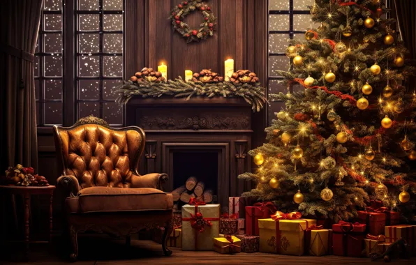 Украшения, комната, шары, елка, интерьер, кресло, Новый Год, Рождество