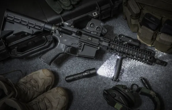 Accessories, assault rifle, flashlight, footwear