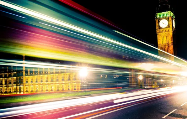 Картинка ночь, город, огни, полосы, англия, скорость, лондон