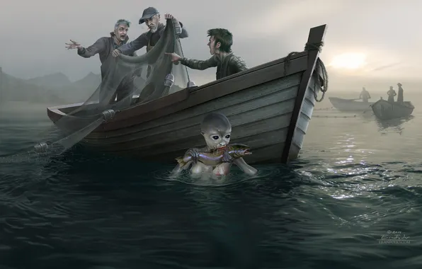 Море, лодка, рыба, рыбаки, чудовище, улов