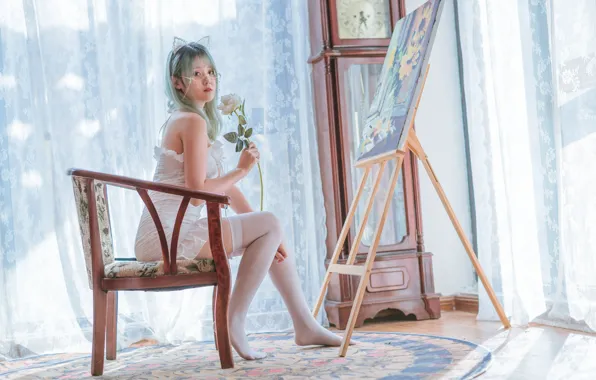 Beautiful, Asian, Model, Flower, Rose, Woman, Chair, Pretty