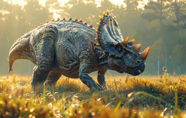 Трава, Деревья, Рассвет, Динозавр, Рога, Triceratops, Животное, Цифровое искусство