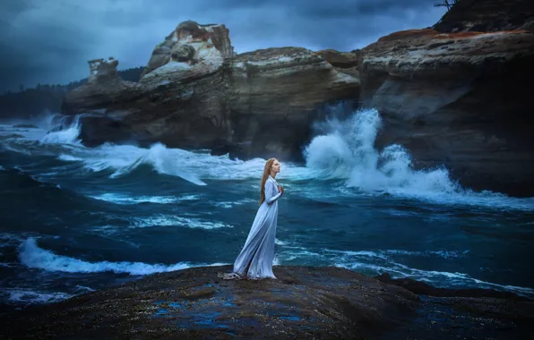 Море, девушка, природа, берег, платье, TJ Drysdale