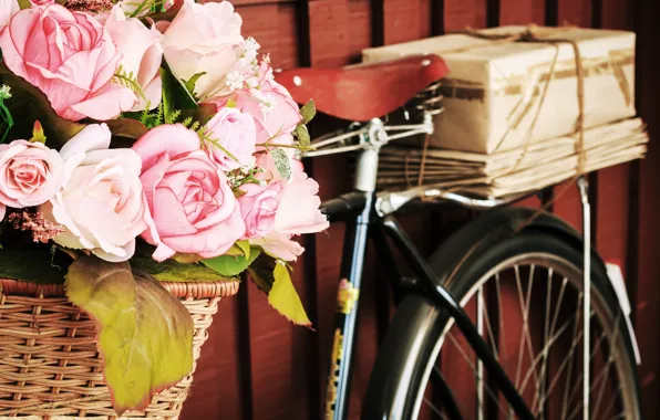 Цветы, велосипед, ретро, букет, flowers, roses, флористика