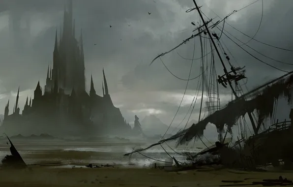 Картинка замок, корабль, остров