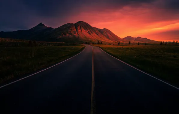 Картинка grass, road, sky, trees, landscape, nature, sunset, mountains